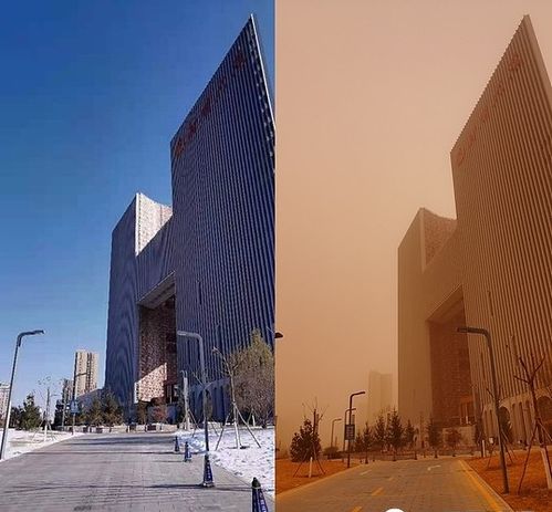 沙尘暴vs晴天 沙尘暴前后榆林地标建筑对比图